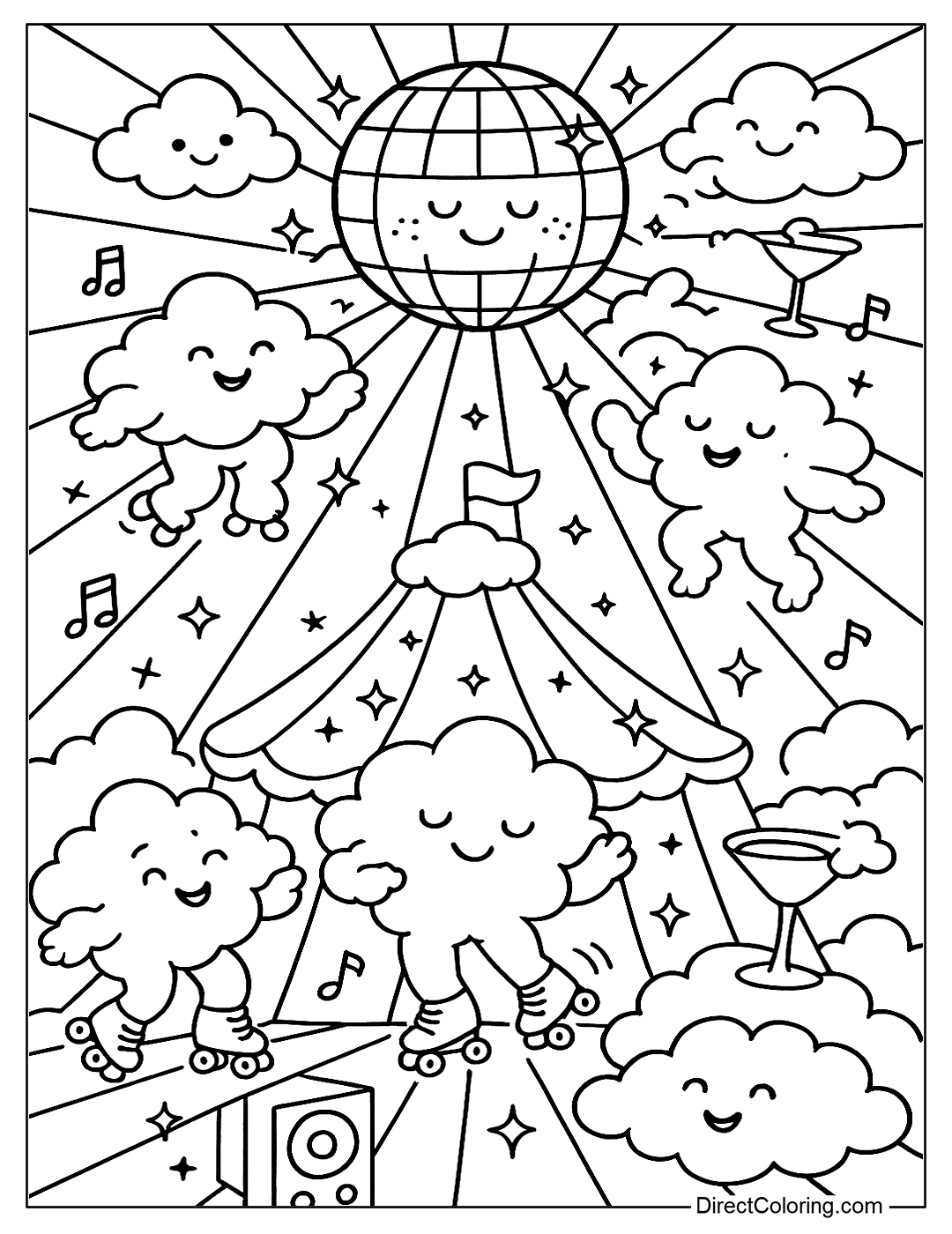 coloring page of sparkling disco ball-like clouds, with other clouds dancing in rainbow lights